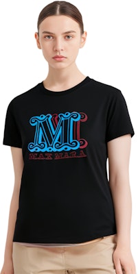 (W) 막스마라 블랙 로고 프린트 크루넥 반팔 오버사이즈 티셔츠 19460423-600-007 Purchase (W) 막스마라 블랙 로고 프린트 크루넥 반팔 오버사이즈 티셔츠 19460423-600-007