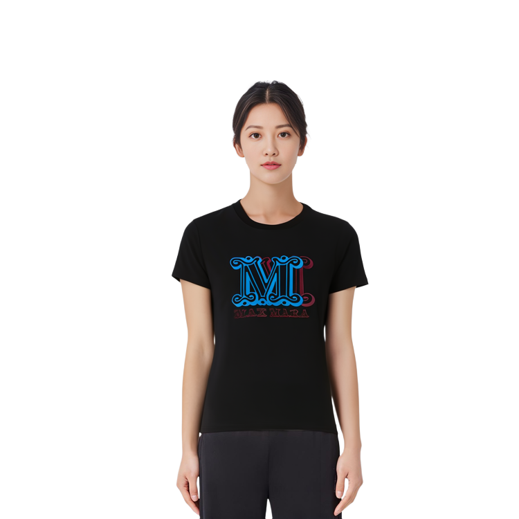 Details for (W) 막스마라 블랙 로고 프린트 크루넥 반팔 오버사이즈 티셔츠 19460423-600-007