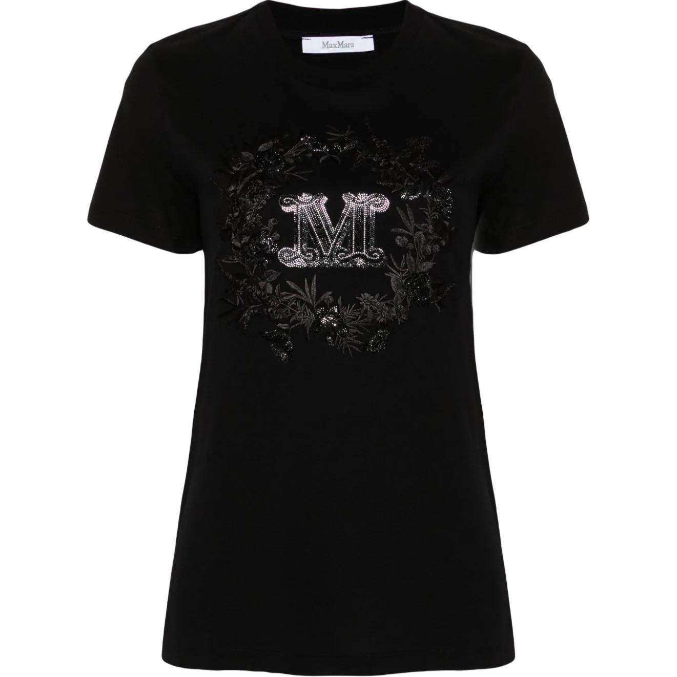 Order (W) 막스마라 블랙 반팔 크루넥 로고 티셔츠. 2411941011600-010