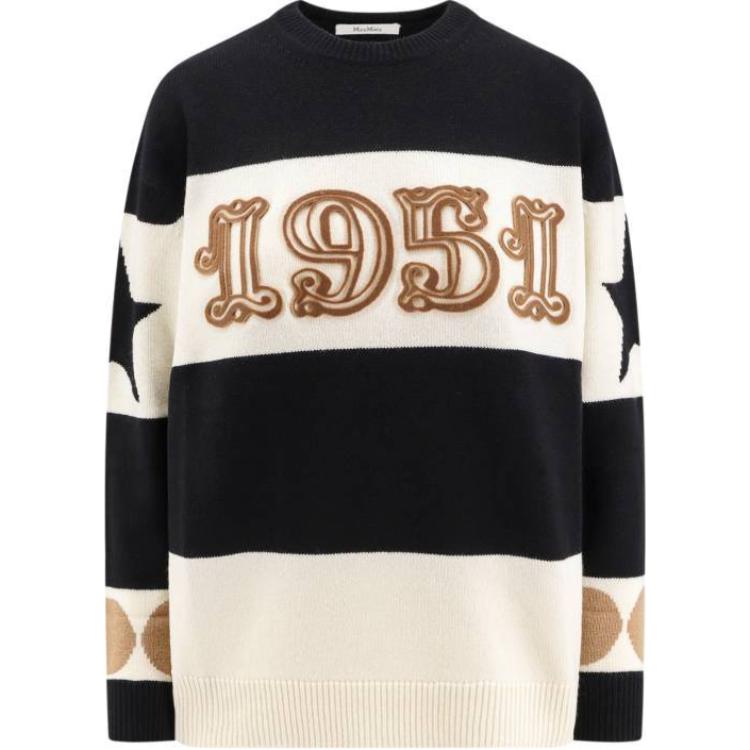 Order (Women) 'S Max Mara MaxMara  Black Striped Letter Crewneck Loose Long Sleeve Sweater 1366124106-008