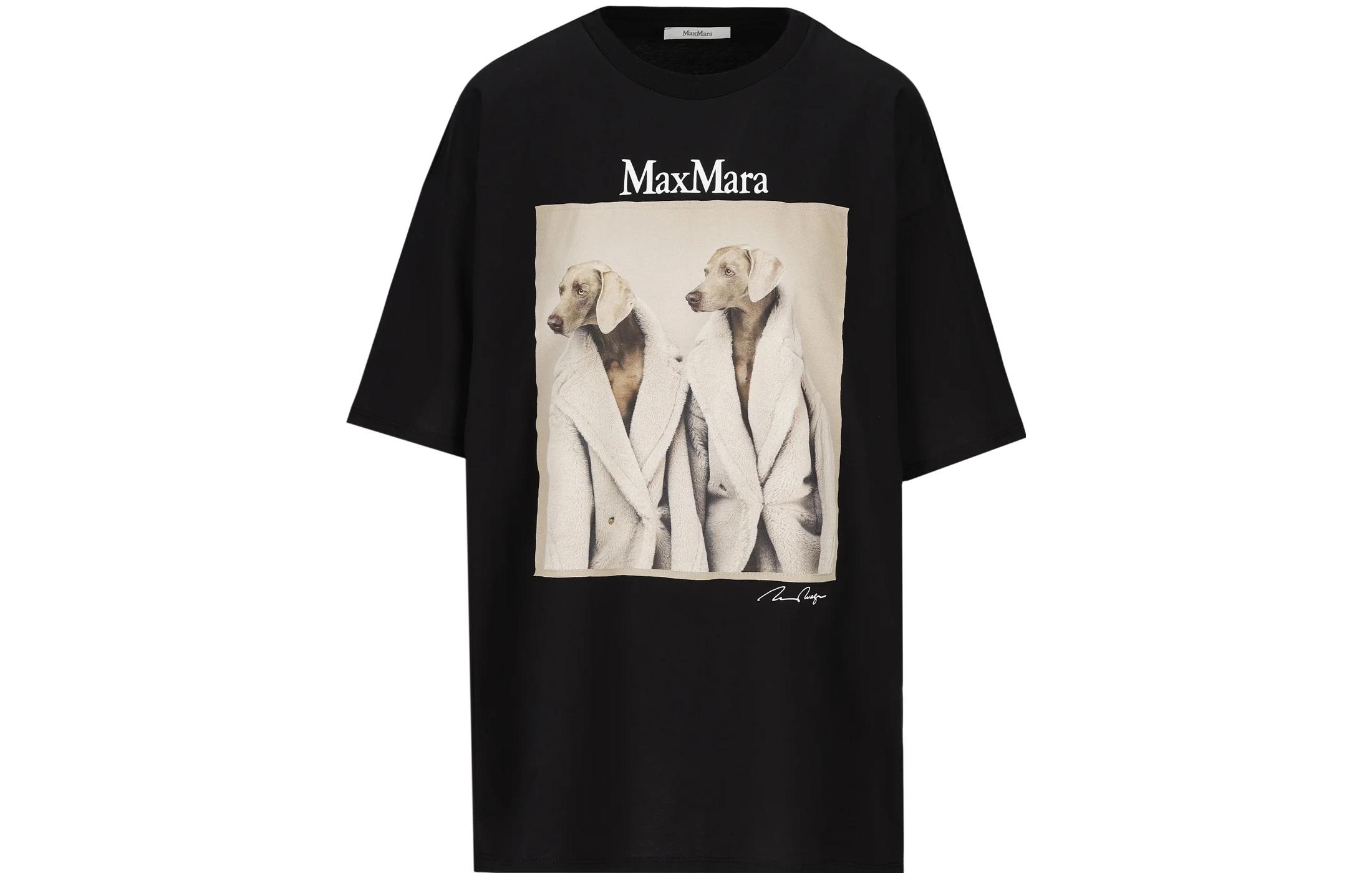 (Women) 'S Max Mara MaxMara  Black T-Shirt with Dog Graphic Print and Round Neck Short Sleeve 2319460139600-011