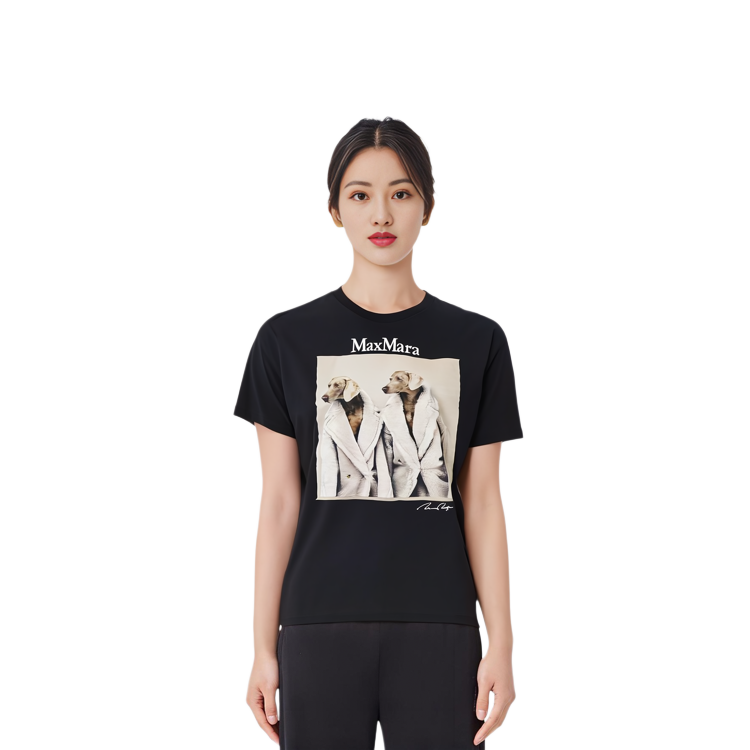 Purchase (Women) 'S Max Mara MaxMara  Black T-Shirt with Dog Graphic Print and Round Neck Short Sleeve 2319460139600-011