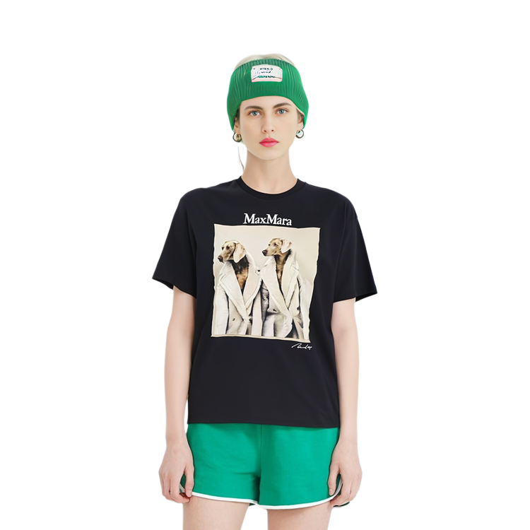 Details for (Women) 'S Max Mara MaxMara  Black T-Shirt with Dog Graphic Print and Round Neck Short Sleeve 2319460139600-011