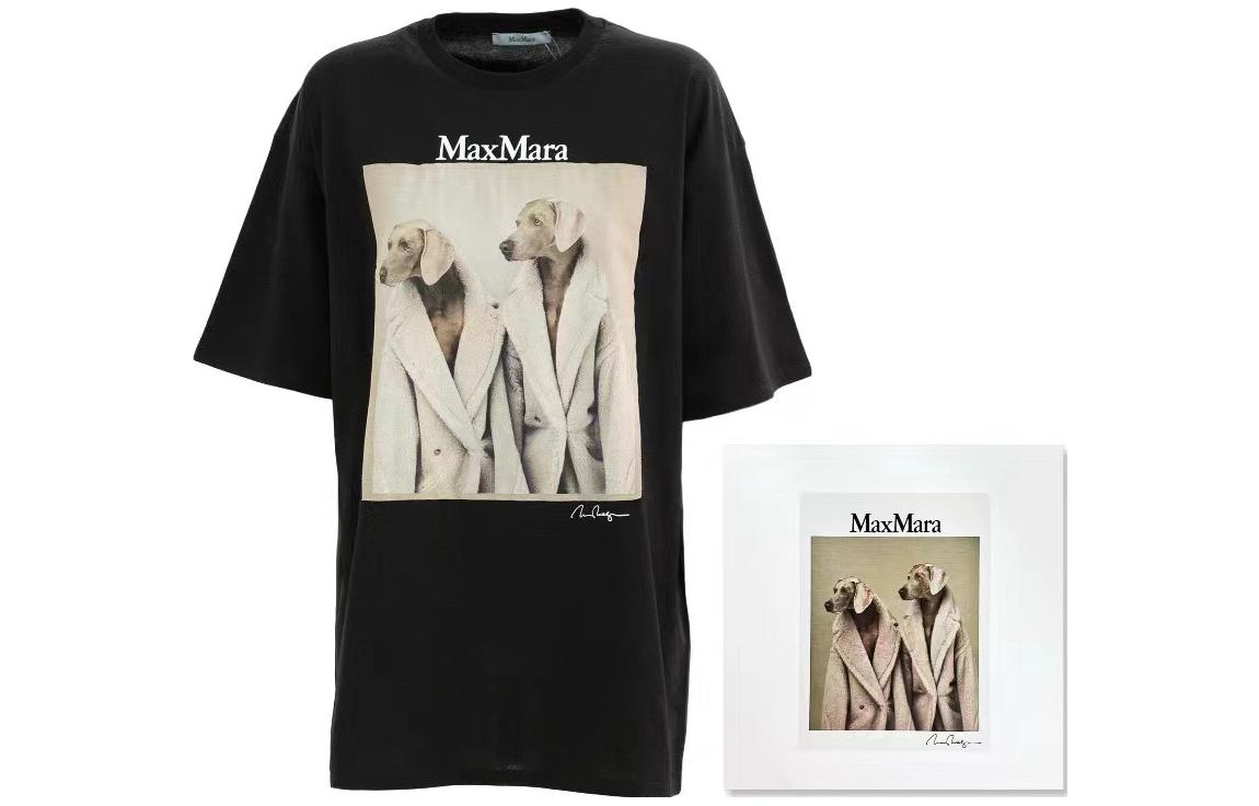 Sizing (Women) 'S Max Mara MaxMara  Black T-Shirt with Dog Graphic Print and Round Neck Short Sleeve 2319460139600-011