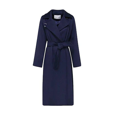 (Women) 'S Max Mara MaxMara Blue Long Coat with Solid Color and Belted Lapel Design 10160323600-015