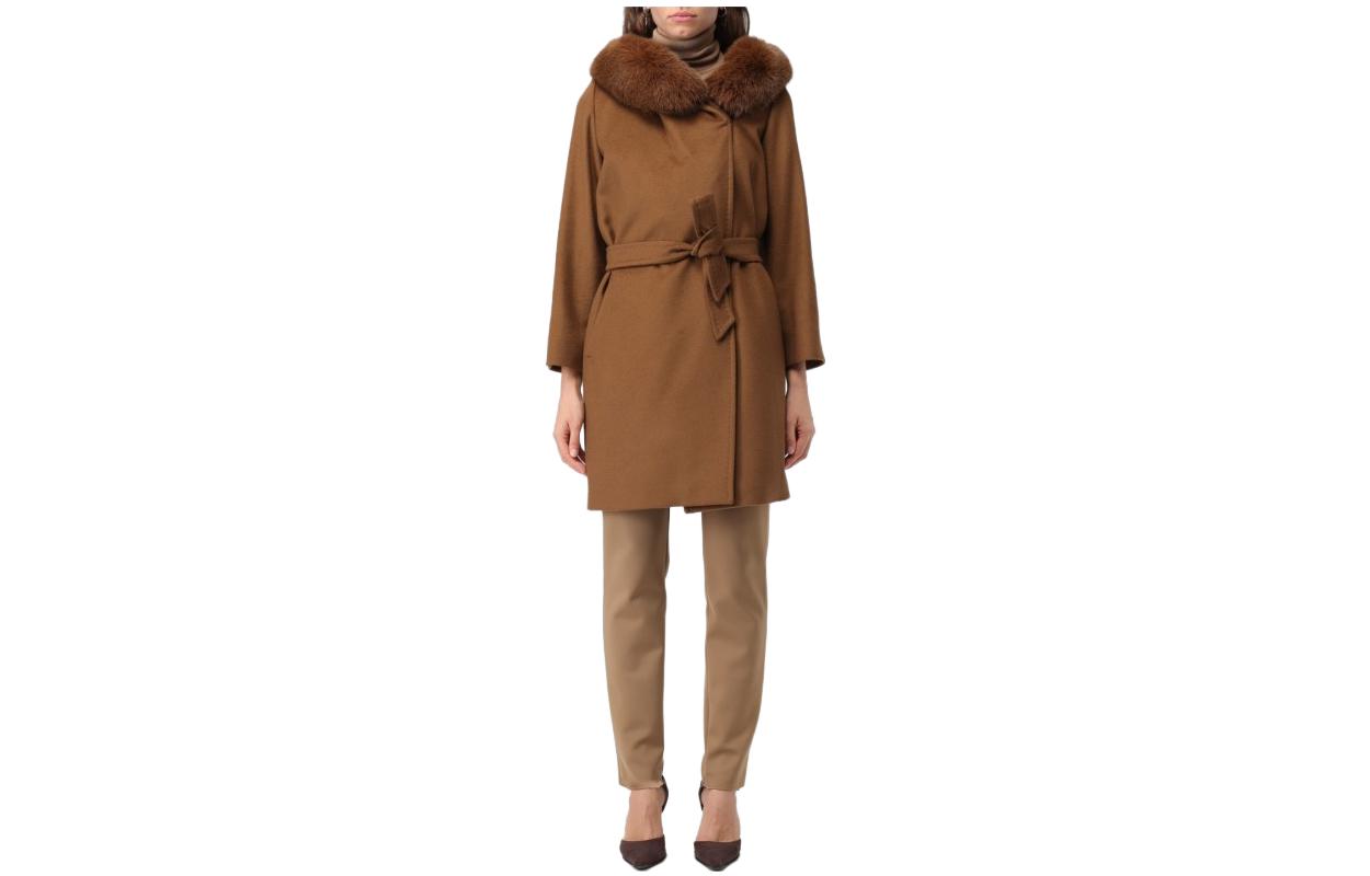 (Women) 'S Max Mara MaxMara  Brown Mid-Length Coat with Fur Collar and Tie Waist 236016203306-056