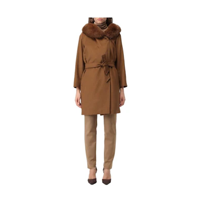 (Women) 'S Max Mara MaxMara Brown Mid-Length Coat with Fur Collar and Tie Waist 236016203306-056