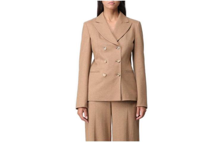(Women) 'S Max Mara MaxMara  Brown Solid Double-Breasted Long Sleeve Jacket 2319160333600-001