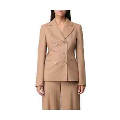 (Women) 'S Max Mara MaxMara Brown Solid Double-Breasted Long Sleeve Jacket 2319160333600-001