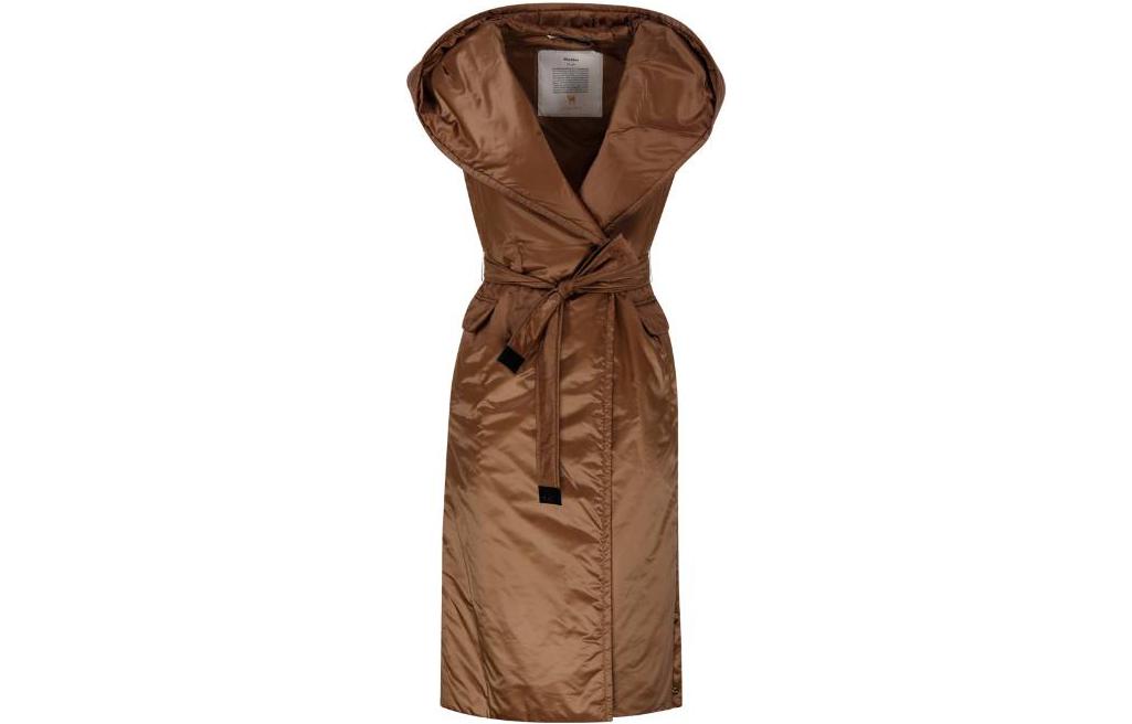 (Women) 'S Max Mara MaxMara  Brown Solid V-Neck Tie-Belt Hooded Vest 2392960434600051