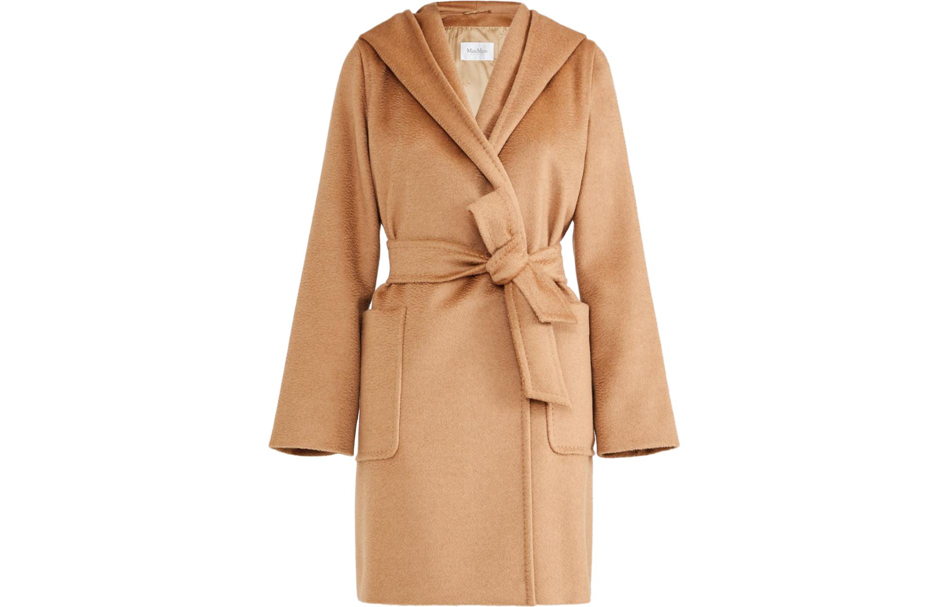 (Women) 'S Max Mara MaxMara  Camel Color Solid Belted Hooded Mid-Length Coat 1016183306001-RIALTO
