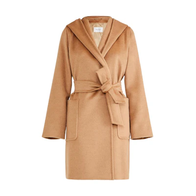 (Women) 'S Max Mara MaxMara Camel Color Solid Belted Hooded Mid-Length Coat 1016183306001-RIALTO