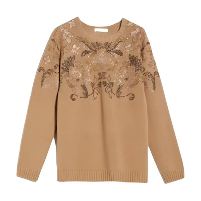 (Women) 'S Max Mara MaxMara Crystal Embellished Crewneck Sweater Brown Yellow. 1366113306-003