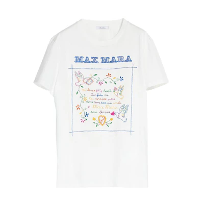 (Women) 'S Max Mara MaxMara Embroidered Cotton Casual White Short-Sleeve T-Shirt 1941033106005-TSHIRT
