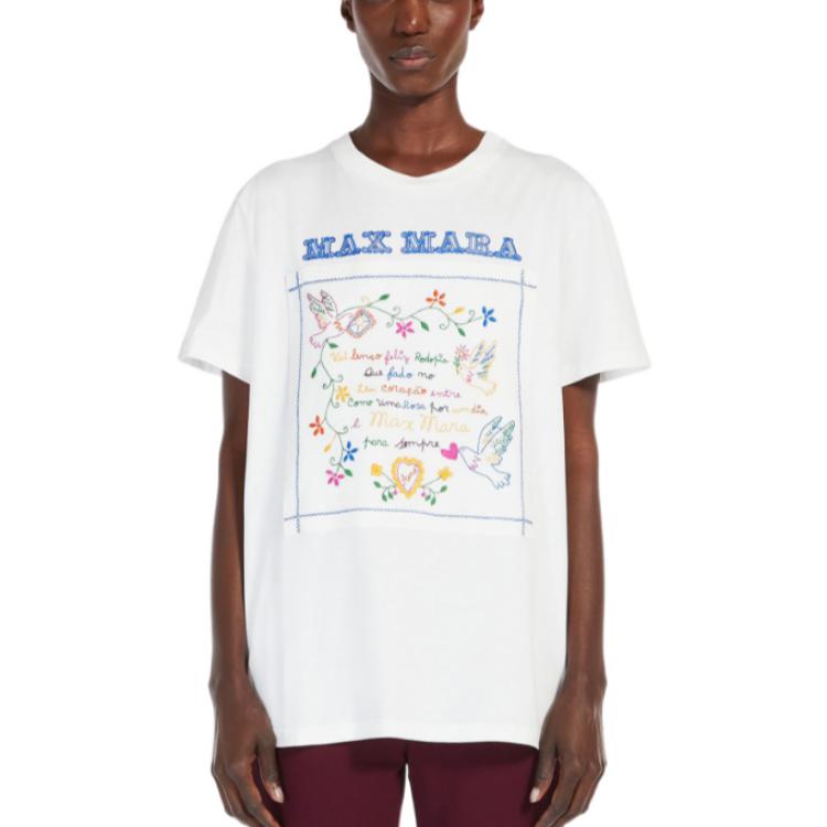 Shop (W) 막스마라 자수 코튼 캐주얼 화이트 반팔 티셔츠 1941033106005-TSHIRT