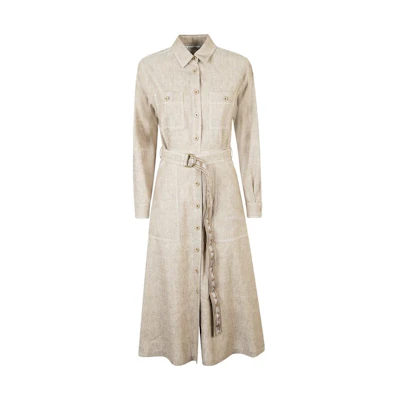 (Women) 'S Max Mara MaxMara Gray Long Sleeve Belted Midi Dress with Square Neckline. 2312210832600-003