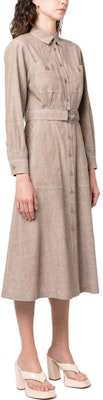 (Women) 'S Max Mara MaxMara Gray Long Sleeve Belted Midi Dress with Square Neckline. 2312210832600-003 Purchase (Women) 'S Max Mara MaxMara Gray Long Sleeve Belted Midi Dress with Square Neckline. 2312210832600-003