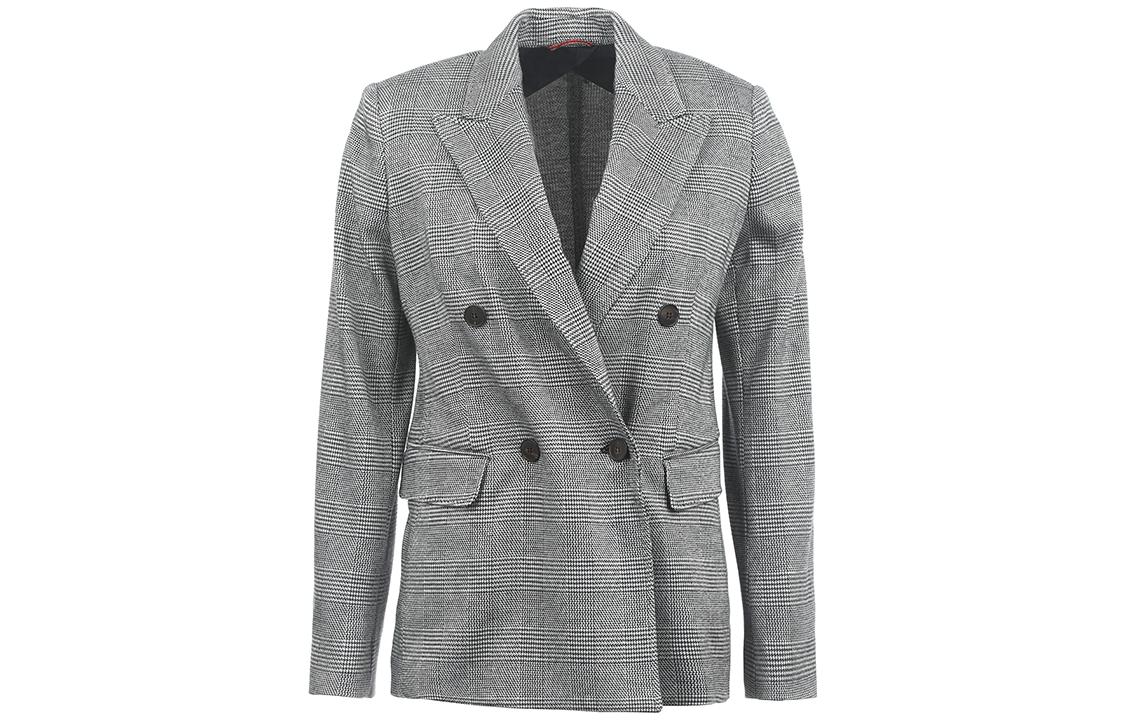 (Women) 'S Max Mara MaxMara  Grey Plaid Double-Breasted Long Sleeve Blazer 2369110237000-001