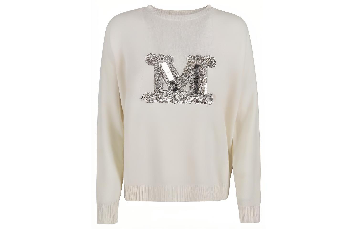 (Women) 'S Max Mara MaxMara  Ivory White Relaxed Fit Letter Applique Long Sleeve Sweater 2313660533600-001