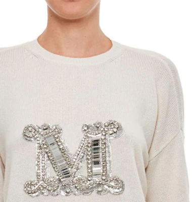 (Women) 'S Max Mara MaxMara Ivory White Relaxed Fit Letter Applique Long Sleeve Sweater 2313660533600-001 Purchase (Women) 'S Max Mara MaxMara Ivory White Relaxed Fit Letter Applique Long Sleeve Sweater 2313660533600-001