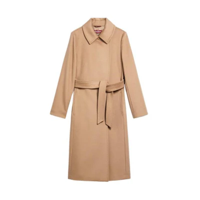 (Women) 'S Max Mara MaxMara Khaki Long Belted Coat with Lapel and Long Sleeves 6016103906006-BCOLLAG