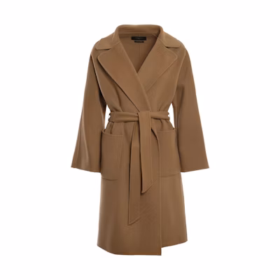 (Women) 'S Max Mara MaxMara Mid-Length Solid Brown Belted Coat with Lapel Collar Long Sleeve 50160819-066