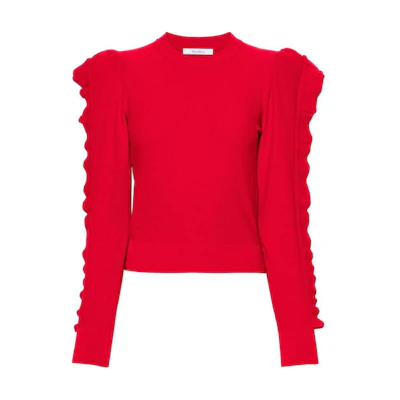 (Women) 'S Max Mara MaxMara Red Ruffled Crewneck Long Sleeve Knit Sweater. 2421366071600