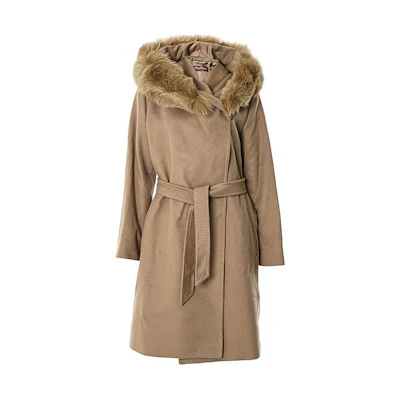 (Women) 'S Max Mara MaxMara Solid Brown Long Wool Coat with Belt MANGO-60162813-006