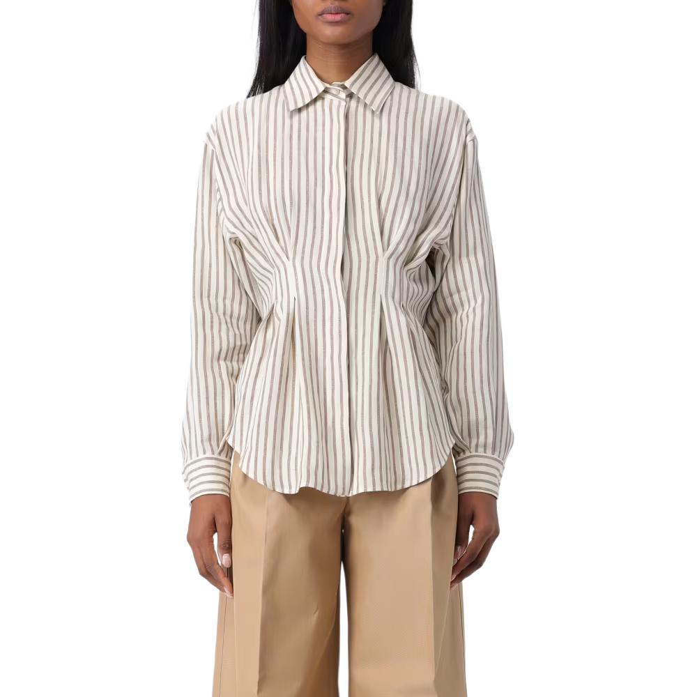 (Women) 'S Max Mara MaxMara  Striped Button-Up Long Sleeve Shirt Beige. 2411111072600-001