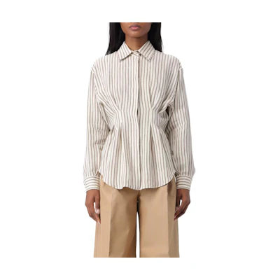 (Women) 'S Max Mara MaxMara Striped Button-Up Long Sleeve Shirt Beige. 2411111072600-001