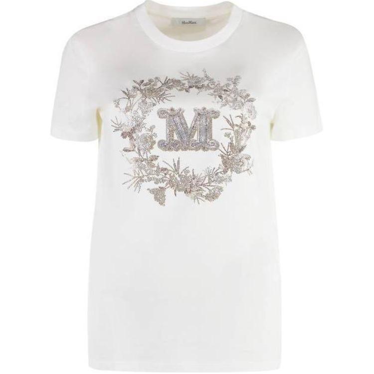 (Women) 'S Max Mara MaxMara  White Crewneck Letter Graphic Straight-Cut T-Shirt. 2411941011600-009