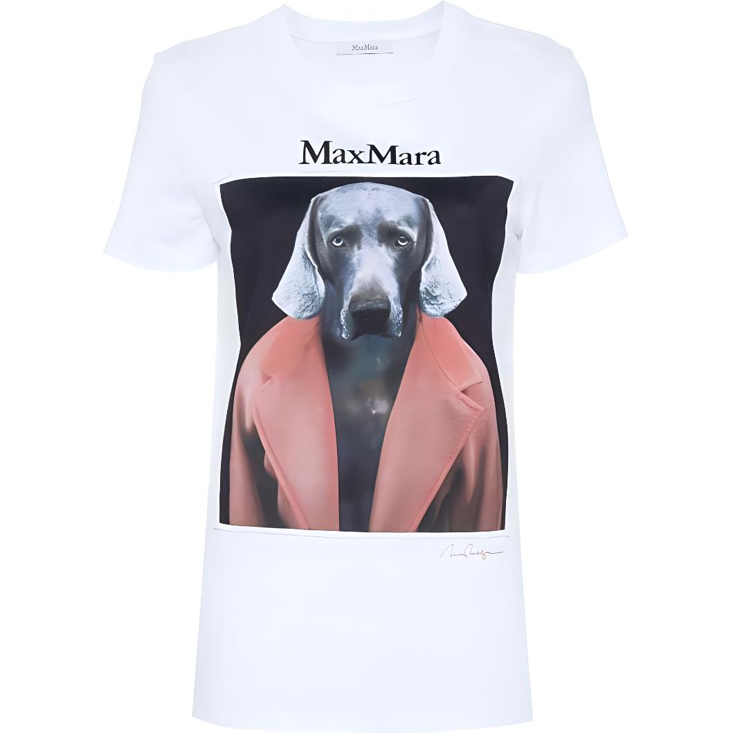 (Women) 'S Max Mara MaxMara  White Loose-Fit Tee with Dog Logo and Letter Print. 2421946071600-012