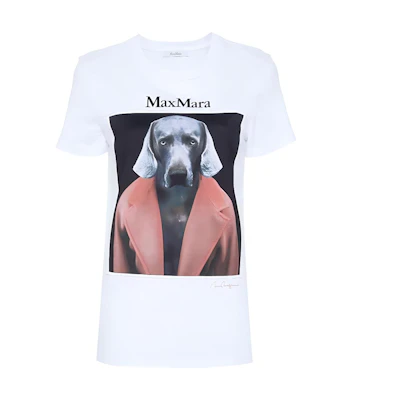 (Women) 'S Max Mara MaxMara White Loose-Fit Tee with Dog Logo and Letter Print. 2421946071600-012