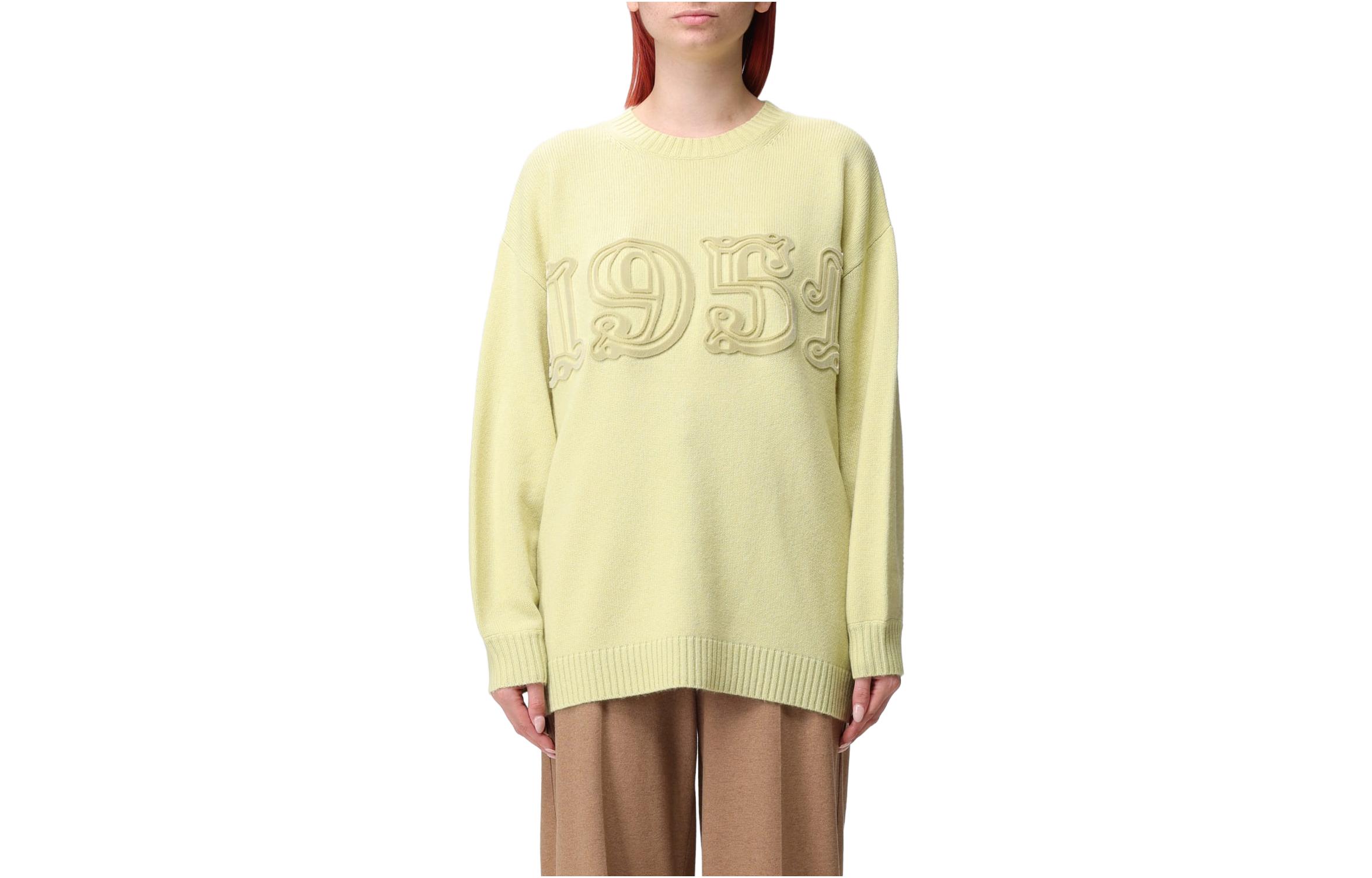 (Women) 'S Max Mara MaxMara  Yellow Crewneck Long Sleeve Sweater with Numeric Pattern 2313660733600-018