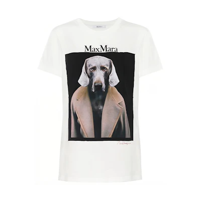 (Women) 'S Max Mara MaxMara Abetaia White Dog Print Cotton Crewneck T-Shirt 19460109600-001
