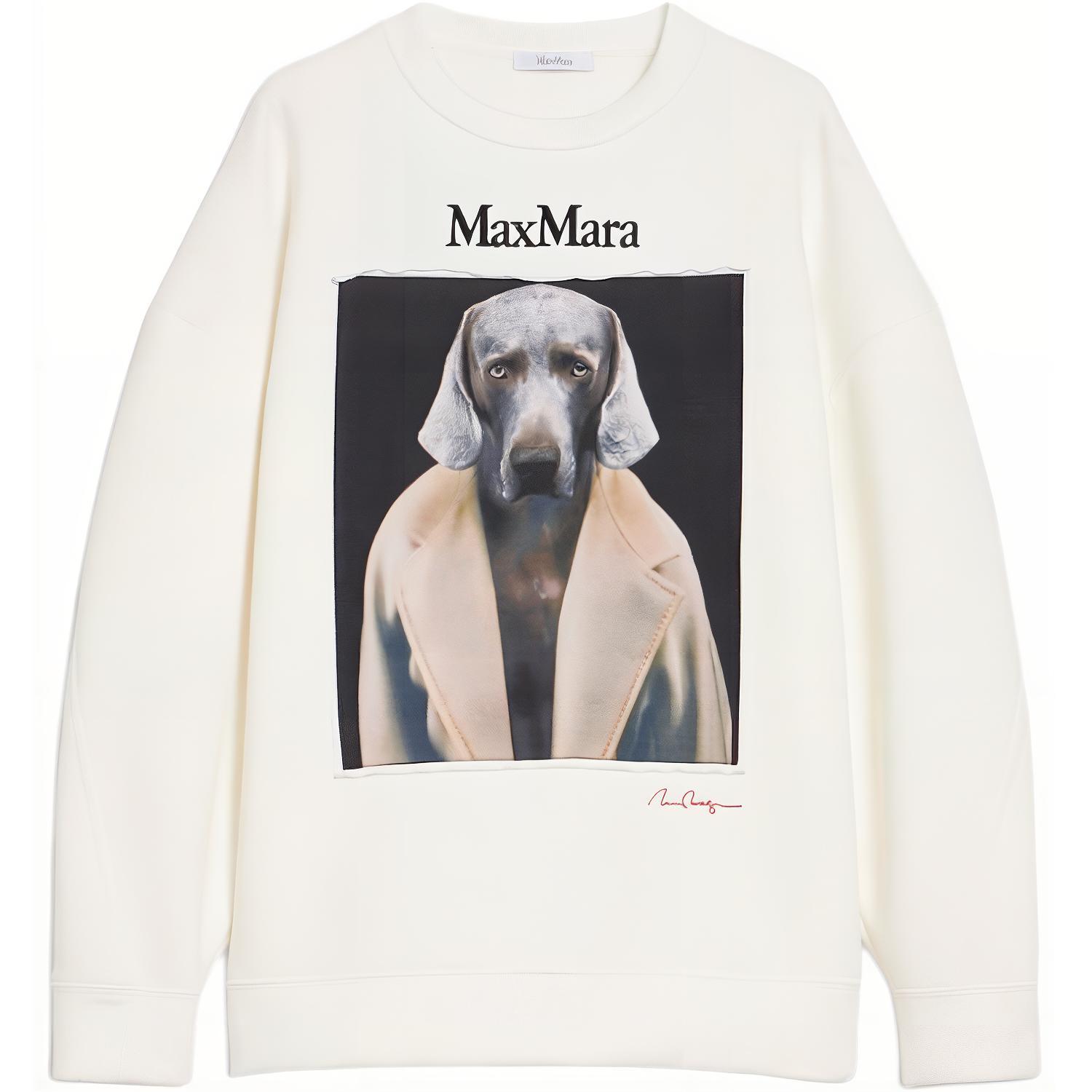 (Women) 'S Max Mara MaxMara Bacco Cotton Sweatshirt Wegman Print Ivory Crewneck  Long Sleeve 1926014106005-BACCO