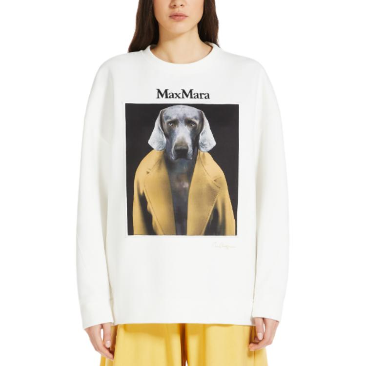 Lookbook (Women) 'S Max Mara MaxMara Bacco Series  White Printed Round Neck Long Sleeve Slim T-Shirt 1926014106003- BACCO