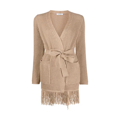 (Women) 'S Max Mara MaxMara Beige Long Sleeve Wool Knit Midi Sweater with Solid Belt AROLD12159-001