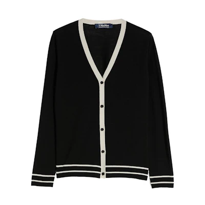 (Women) 'S Max Mara MaxMara Black V-Neck Striped Trim Button-Up Knit Cardigan 9346013906