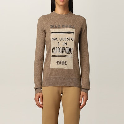 (Women) 'S Max Mara MaxMara Brown Wool Knit Pullover Sweater with Letter Embroidery. 13661813600-018 Purchase (Women) 'S Max Mara MaxMara Brown Wool Knit Pullover Sweater with Letter Embroidery. 13661813600-018