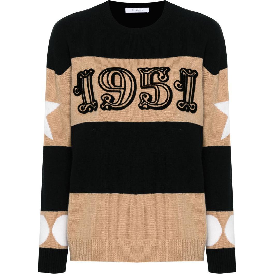 (Women) 'S Max Mara MaxMara Dirce Striped Knit Loose Fit Crewneck Sweater Women’s Black Long Sleeve 2421366121650-DIRCE