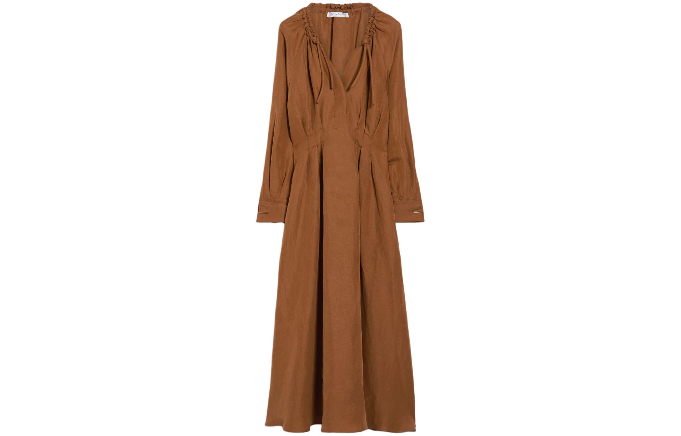 Order (W) ''Max Mara Drina Gaun Linen Sutera V-Leher Lengan Panjang Sederhana - Tobacco''. 1221094206002-DRINA