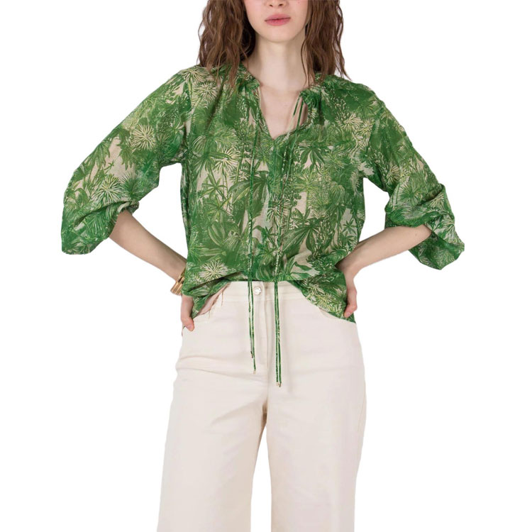 Shop (Women) 'S Max Mara MaxMara Floral Print V-Neck Long Sleeve Blouse Women Green 62610131600-003