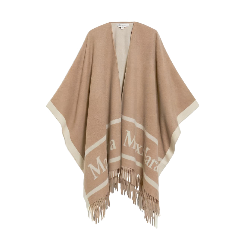 (Women) 'S Max Mara MaxMara Hilde Wool Cloak Fringe V-Neck Poncho for Women - Brown. 4731054106002-HILDE