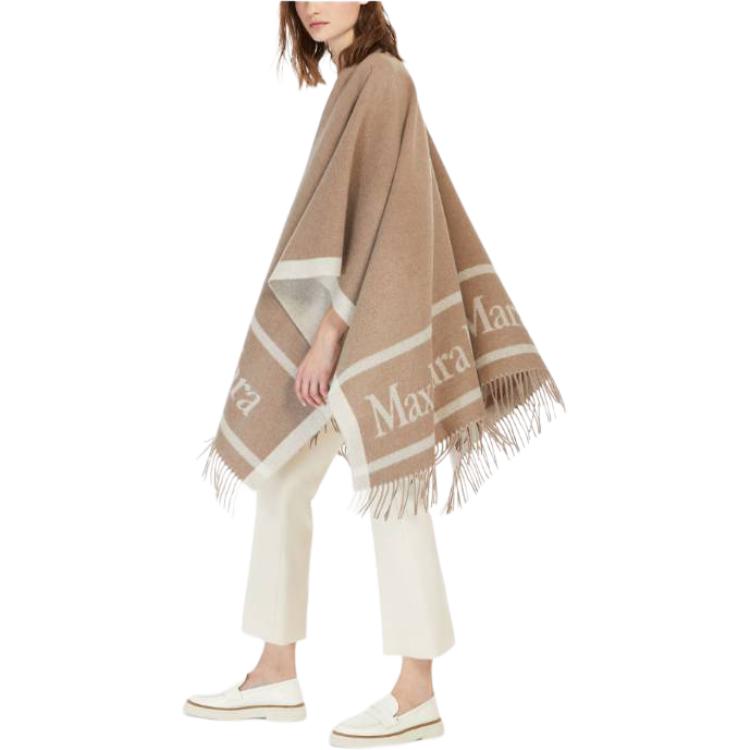 Lookbook (W) 막스마라 힐다 울 프린지 V넥 여성용 폰초 - 브라운. 4731054106002-HILDE