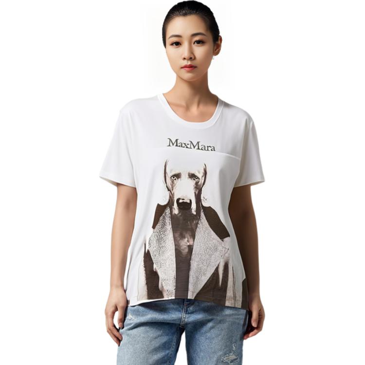 Lookbook (W) 막스마라 MMDog 시리즈 화이트 로고 그래픽 프린트 레귤러 티셔츠. 1946032306011-MMDOG
