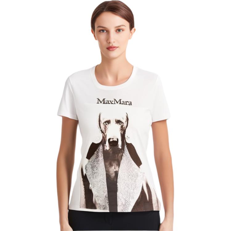 Shop (W) 막스마라 MMDog 시리즈 화이트 로고 그래픽 프린트 레귤러 티셔츠. 1946032306011-MMDOG
