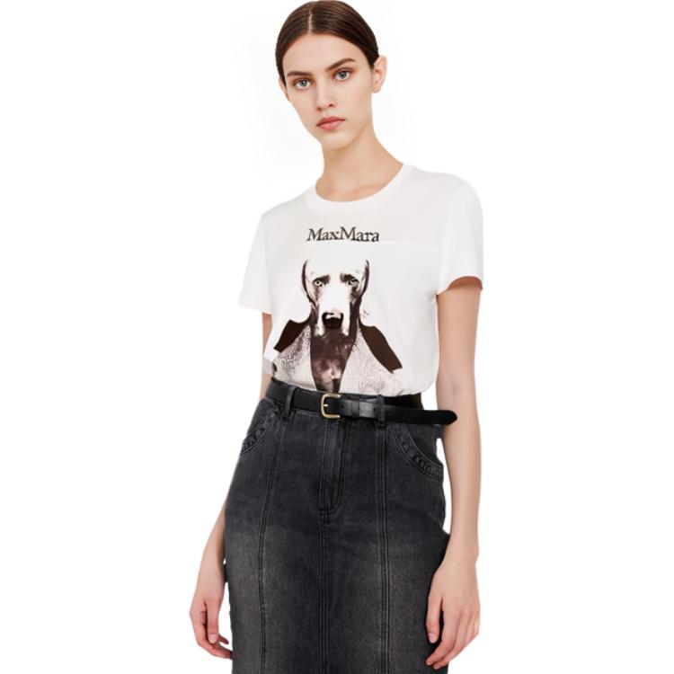 Details for (W) 막스마라 MMDog 시리즈 화이트 로고 그래픽 프린트 레귤러 티셔츠. 1946032306011-MMDOG