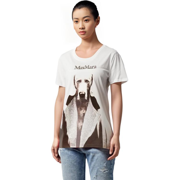 Sizing (W) 막스마라 MMDog 시리즈 화이트 로고 그래픽 프린트 레귤러 티셔츠. 1946032306011-MMDOG