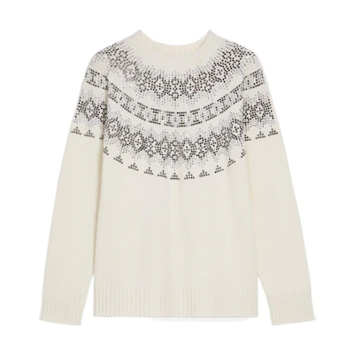 (Women) 'S Max Mara MaxMara Osmio White Cashmere Sweater with Rhinestone Ethnic Pattern. 1366082306001-OSMIO